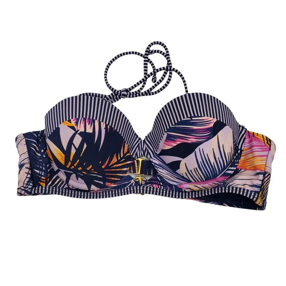 O'rageous Women's Navy Purple Stripe Tropical Push‎ Up Underwire Bikini Top S